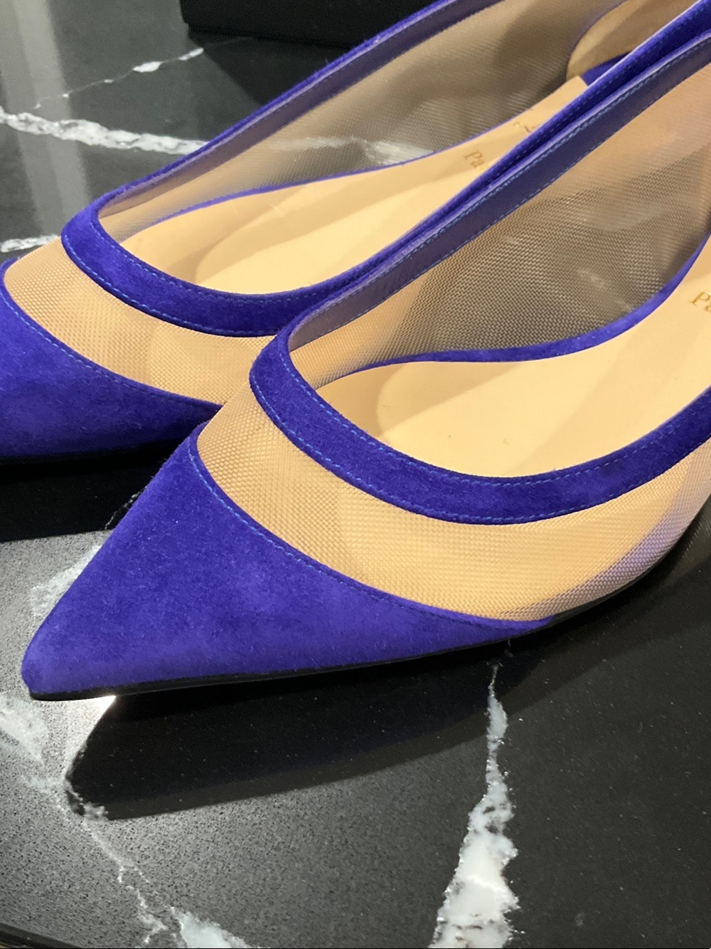 Christian Louboutin Pointed Flats in Vivid Blue/Purple Suede and Nude Mesh - Picture 5 of 9